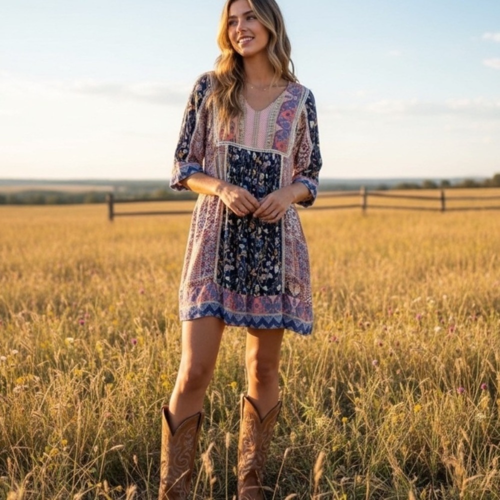 Sundance XS "My Favorite Dress" Patchwork Floral Print Short Boho Mini Dress